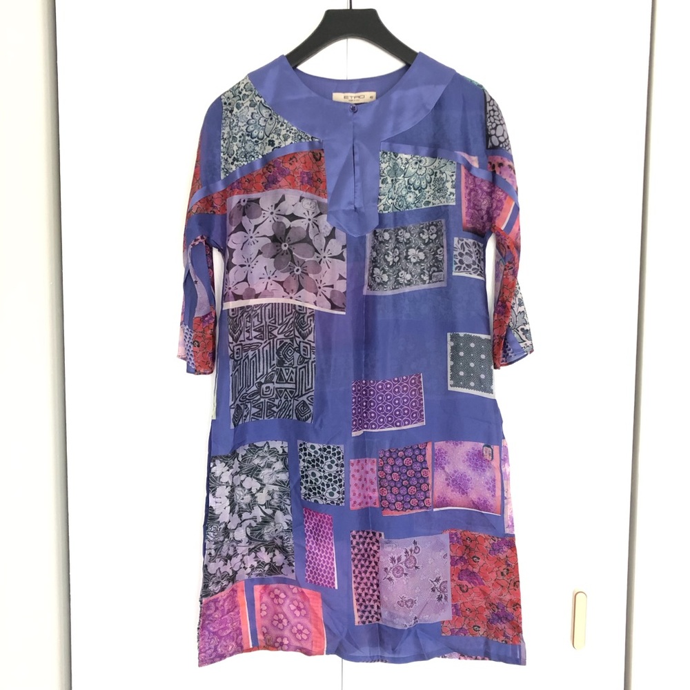 Etro patchwork silk tunic dress/ shirt scarf print 3/4 sleeves multi purple boho - Picture 5 of 14
